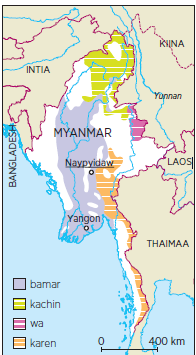 Myanmarin etnisiä ryhmiä. Grafiikka: Kauko Kyöstiö