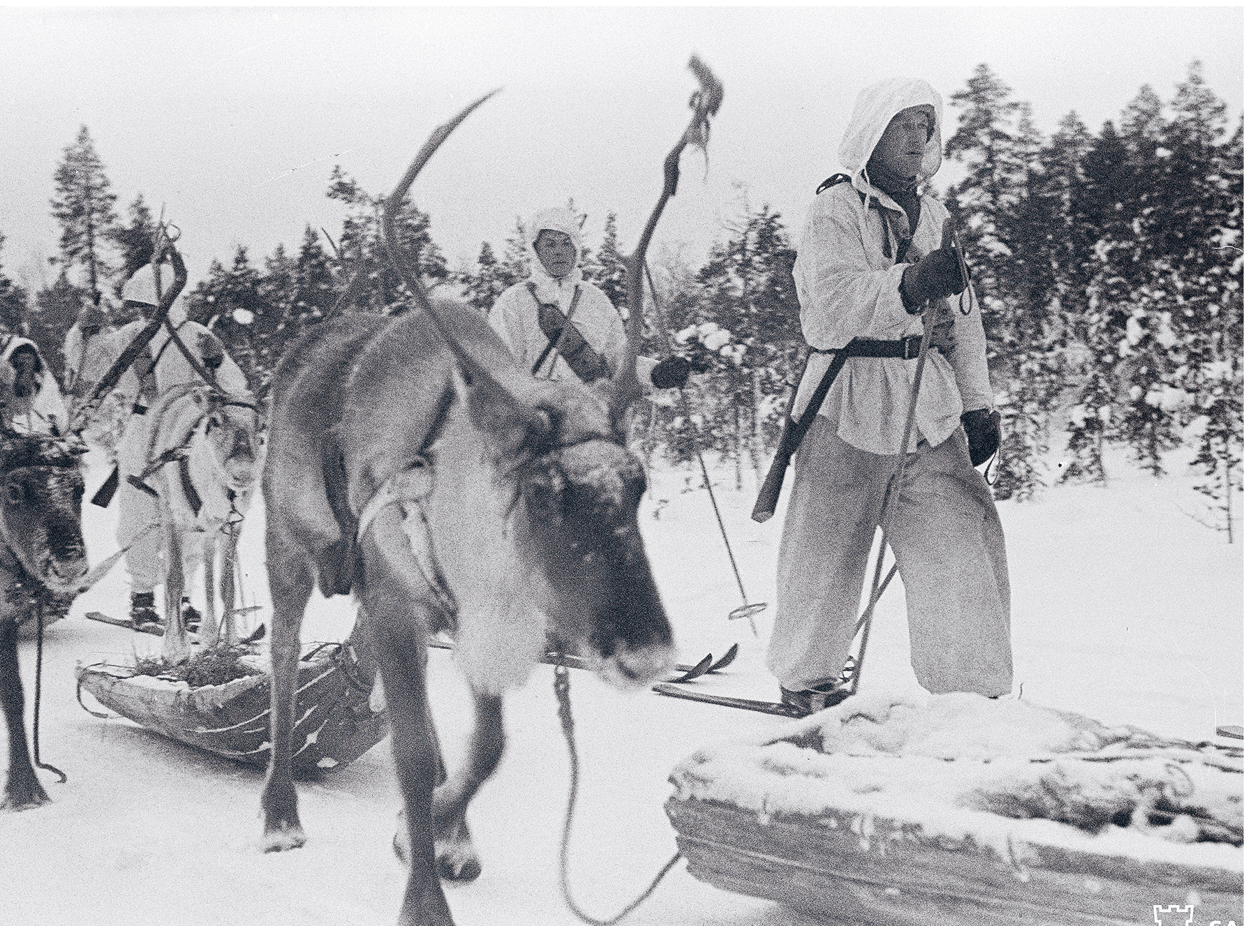 1940. Talvisodan aikana ulkomaisissa lehdissä vahvistui kuva Suomesta Lapin eksoottisine lumimaisemineen ja poroineen. Kuva: SA-kuva