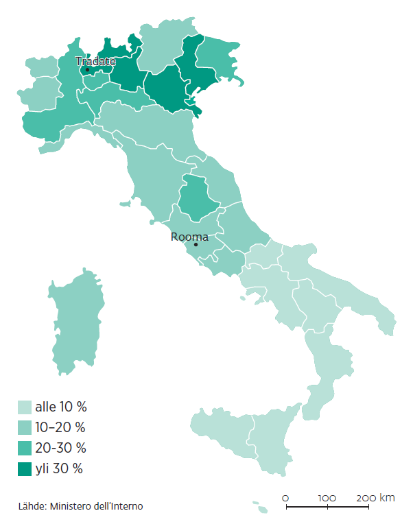 Liiton kannatus Italian parlamenttivaaleissa 2018.