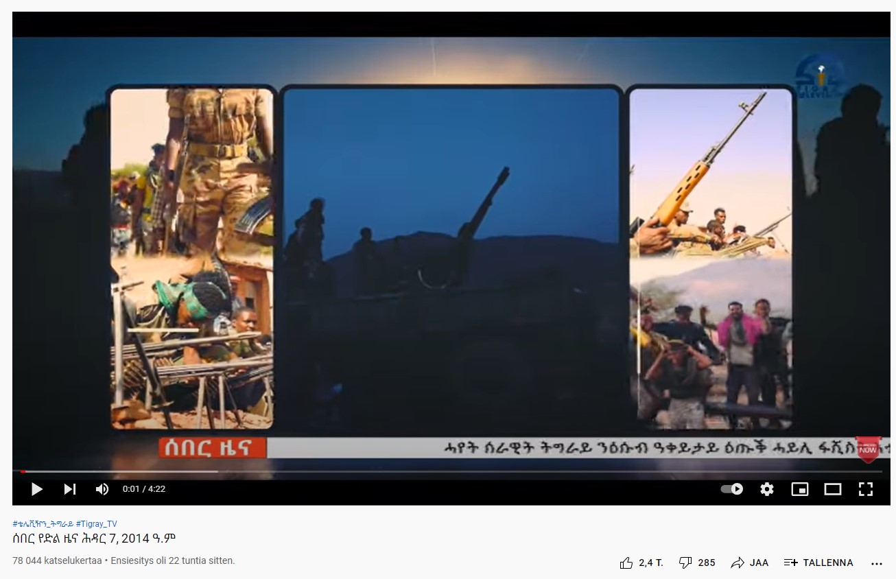 Youtube on pullollaan Tigrayn konfliktin eri osapuolia edustavia lähteitä. Kuvankaappaus Tigrai.tv-kanavan videosta.