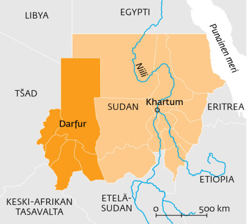 Kartta Sudanista, jossa erikseen Darfurin alue, pääkaupunki Khartum ja Niili-joki.
