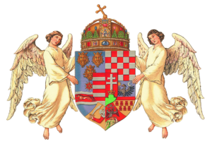 Kaksi enkeliä Unkarin vanhan vaakunan ympärillä.