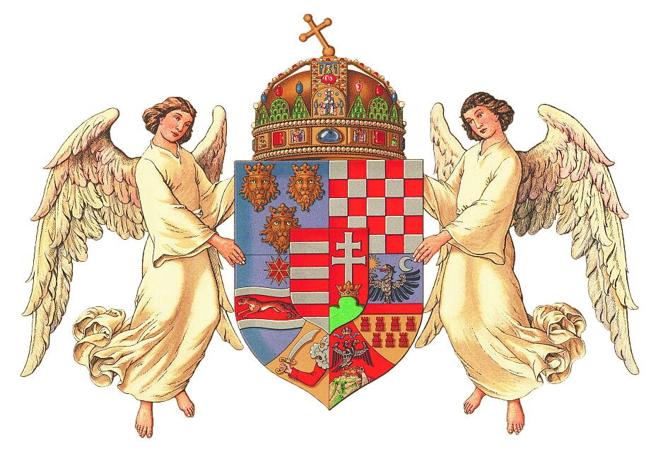 Kaksi enkeliä Unkarin vanhan vaakunan ympärillä.